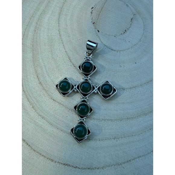 Artisan Sterling Silver Cross Pendant G Onyx  Cabochon Stones Religious Crucifix - Picture 1 of 10